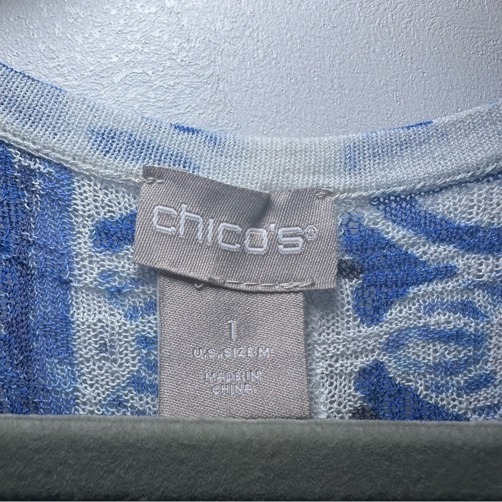 Chico’s Blue White Boho Lightweight Gauzy Longline Open Front Cardigan Kimono - Picture 5 of 9